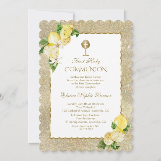 Gouden Glitter Citroen Fruit Bloem Eerste Communie Kaart (Voorkant)