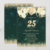 Gouden Glitter Confetti Ballonnen Groen 25e Verjaa Kaart (Voorkant / Achterkant)