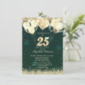 Gouden Glitter Confetti Ballonnen Groen 25e Verjaa Kaart (Staand voorkant)