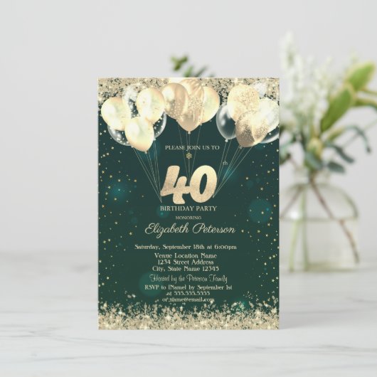 Gouden Glitter Confetti Ballonnen Groen 40e Verjaa Kaart (Staand voorkant)