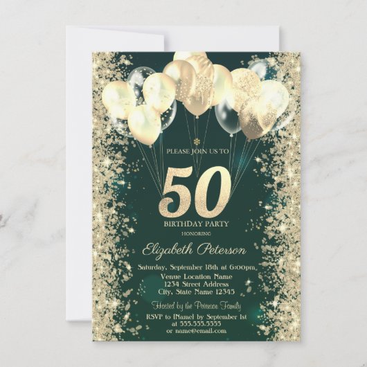 Gouden Glitter Confetti Ballonnen Groen 50ste Verj Kaart (Voorkant)