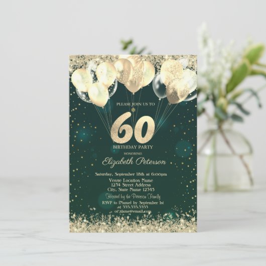 Gouden Glitter Confetti Ballonnen Groen 60ste Verj Kaart (Staand voorkant)