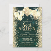 Gouden Glitter Confetti Ballonnen Groen Sweet 16 Kaart (Voorkant)