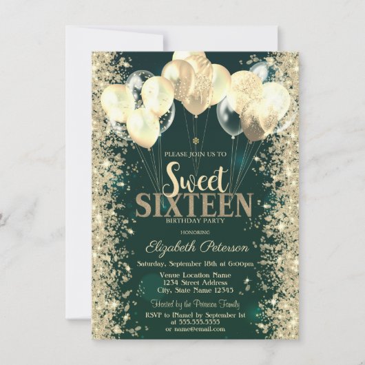 Gouden Glitter Confetti Ballonnen Groen Sweet 16 Kaart (Voorkant)