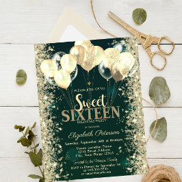 Gouden Glitter Confetti Ballonnen Groen Sweet 16 Kaart