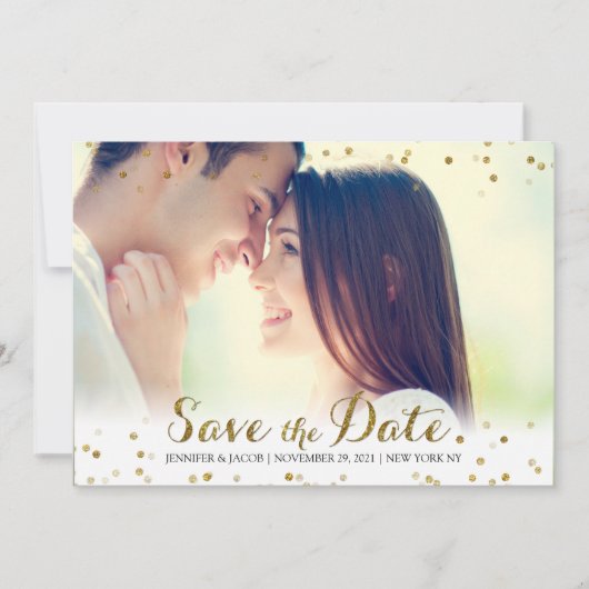 Gouden Glitter Confetti Bewaar de Datum Foto Kaart (Voorkant)