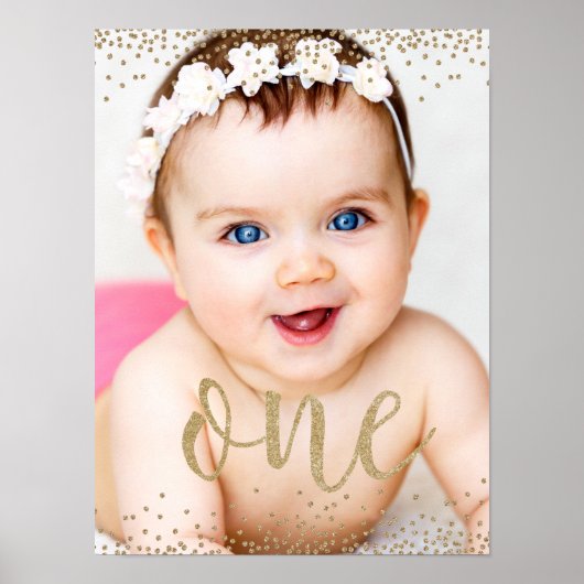 Gouden Glitter Confetti Eerste Verjaardag Poster (Voorkant)
