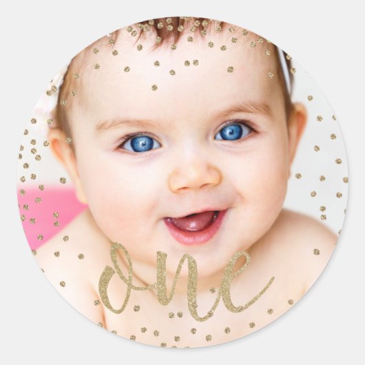 Gouden Glitter Confetti Eerste Verjaardag Stickers (Voorkant)