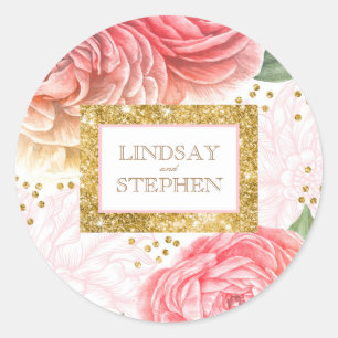 Gouden Glitter Confetti en Roze Bloemen Waterverf Ronde Sticker