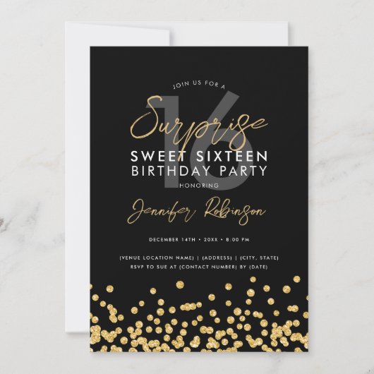 Gouden Glitter Confetti foto Surprise Sweet 16 Kaart (Voorkant)