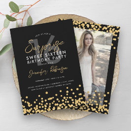 Gouden Glitter Confetti foto Surprise Sweet 16 Kaart