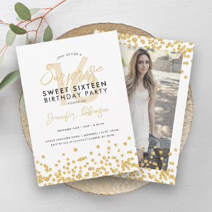 Gouden Glitter Confetti foto Surprise Sweet 16 Kaart