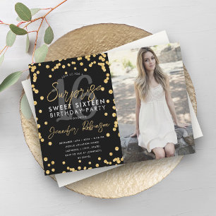 Gouden Glitter Confetti foto Surprise Sweet 16 Kaart