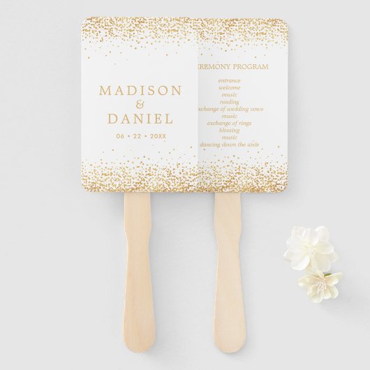 Gouden Glitter Confetti Huwelijksceremonie Program Handwaaier (Voorkant en achterkant)