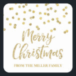 Gouden Glitter Confetti Merry Christmas Custom Vierkante Sticker<br><div class="desc">Merry Christmas aangepaste naam stickers in feestelijke gouden glitter effect confetti patroon.</div>