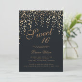 gouden glitter confetti met zwarte zoete zestien kaart (Staand voorkant)