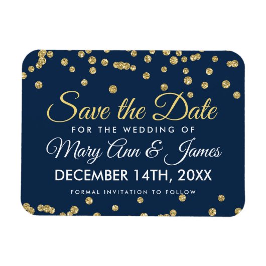 Gouden Glitter Confetti Navy Bruiloft Save The Dat Magneet (Horizontaal)