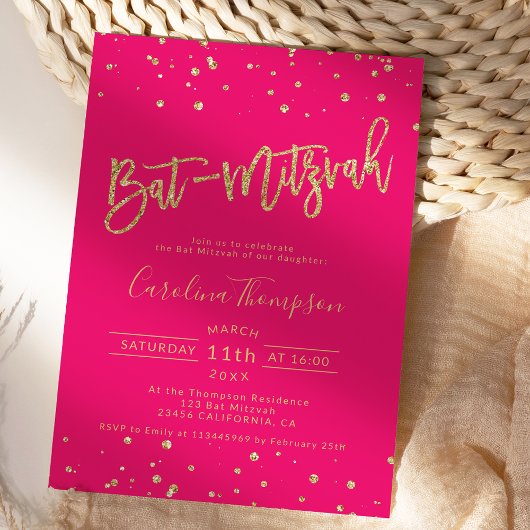 Gouden glitter confetti neon roze Bat Mitzvah foto Kaart
