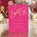 Gouden glitter confetti neon roze Sweet 16 foto Kaart<br><div class="desc">Een moderne, chique en elegante geel goud glitter ombre zoete 16 verjaardag glitter party uitnodiging met een moderne 16 typografie met geel goud schittert glitter op een bewerkbare heldere neonroze achtergrond en confetti. Voeg je foto aan de achterkant toe of laat een roze achtergrond achter. Perfect voor het prinsessenthema Sweet...</div>