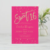 Gouden glitter confetti neon roze Sweet 16 foto Kaart (Staand voorkant)