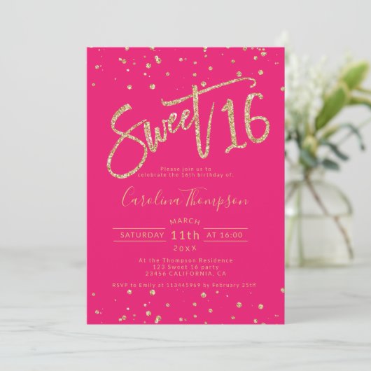 Gouden glitter confetti neon roze Sweet 16 foto Kaart (Staand voorkant)