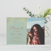 Gouden Glitter Confetti op Groene Sweet Sixteen Fo Kaart (Staand voorkant)