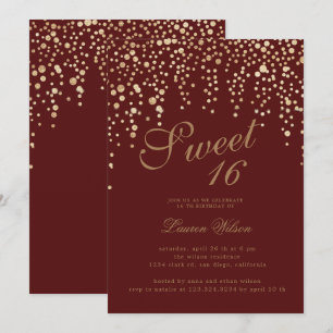 Gouden glitter confetti op rood zoet zestien kaart