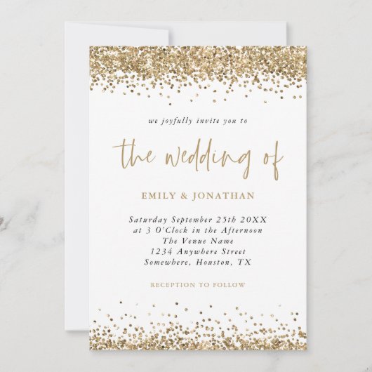 Gouden Glitter Confetti QR Code Script Bruiloft Kaart (Voorkant)