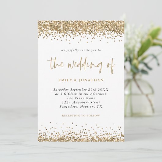 Gouden Glitter Confetti QR Code Script Bruiloft Kaart (Staand voorkant)