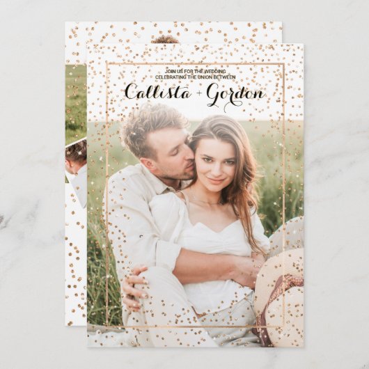 Gouden Glitter Confetti Rand Foto Collage Bruiloft Kaart (Voorkant / Achterkant)