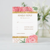 Gouden Glitter Confetti Roze Bloemen Huwelijk RSVP (Staand voorkant)
