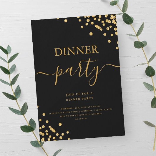 Gouden Glitter Confetti Script Dinner Party Zwart Kaart