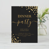 Gouden Glitter Confetti Script Dinner Party Zwart Kaart (Staand voorkant)