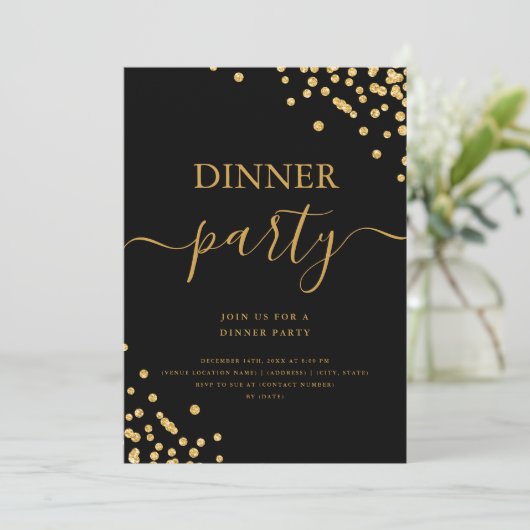 Gouden Glitter Confetti Script Dinner Party Zwart Kaart (Staand voorkant)