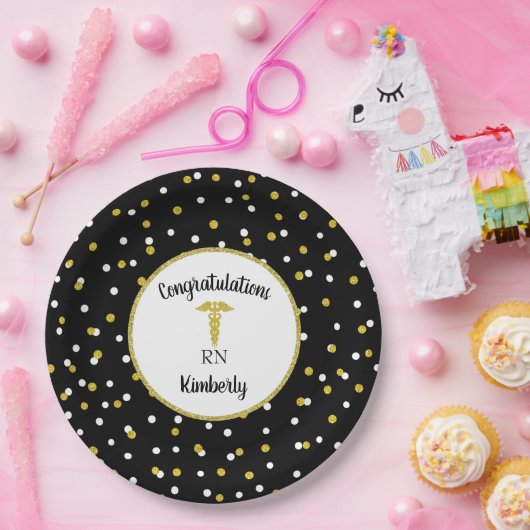 Gouden glitter confetti verpleegster afstudeerfees papieren bordje (Feest)
