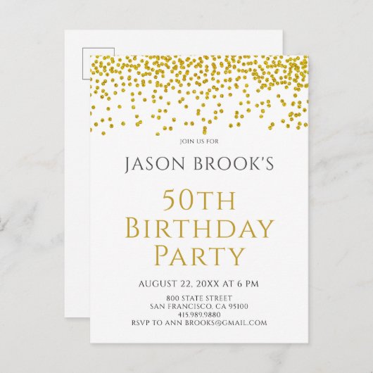 Gouden Glitter Confetti Wit 50ste Verjaardag Uitnodiging Briefkaart (Voorkant / Achterkant)
