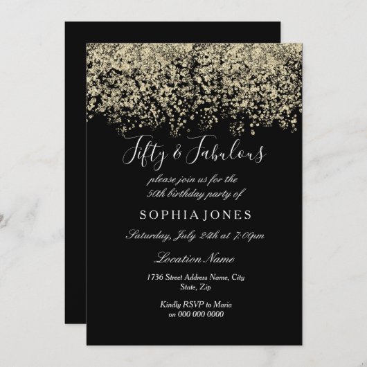Gouden Glitter Confetti Zwart 50ste verjaardagsfee Kaart (Voorkant / Achterkant)
