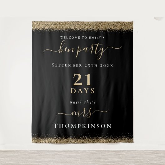 Gouden Glitter Dagen Trouw Welkom Hen Party Zwart Wandkleed (Voorkant)