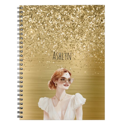 Gouden Glitter Dame Rood Haar Notitieboek (Voorkant)