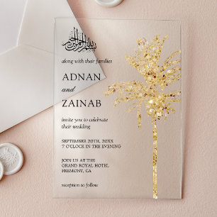 Gouden Glitter Datum P alm Moslim Huwelijk Acryl Uitnodigingen