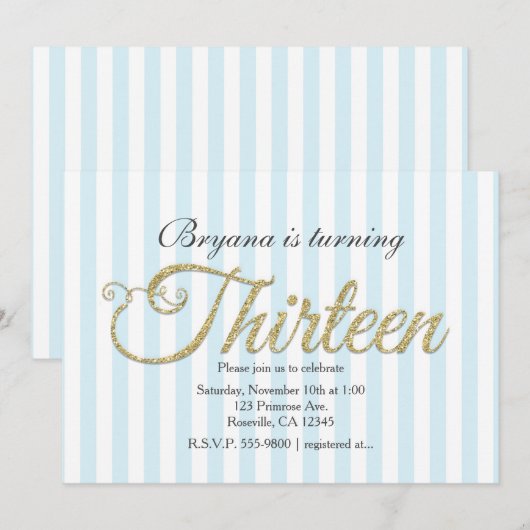Gouden Glitter DERTIEN 13 Blauwe Uitnodigingen voo (Voorkant / Achterkant)