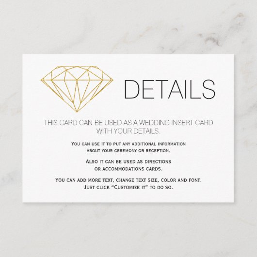 Gouden glitter diamant trendy bruiloft details ins informatiekaartje (Voorkant)