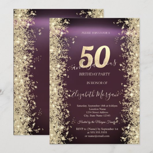 Gouden Glitter Diamanten Burgundy 50ste Verjaardag Kaart (Voorkant / Achterkant)