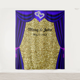 Gouden Glitter Diamanten Harten Blauwe Gordijn Ach Wandkleed