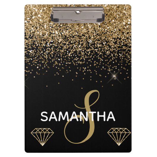 Gouden Glitter & Diamanten Monogram Klembord (Voorkant)