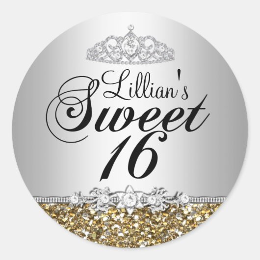 Gouden Glitter & Diamanten Tiara Sweet 16 Sticker (Voorkant)