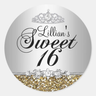 Gouden Glitter & Diamanten Tiara Sweet 16 Sticker