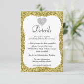 Gouden Glitter Diamond Hart Bruiloft Details Informatiekaartje (Staand voorkant)