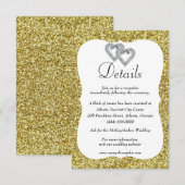 Gouden Glitter Diamond Harten Bruiloft Details Informatiekaartje (Voorkant / Achterkant)