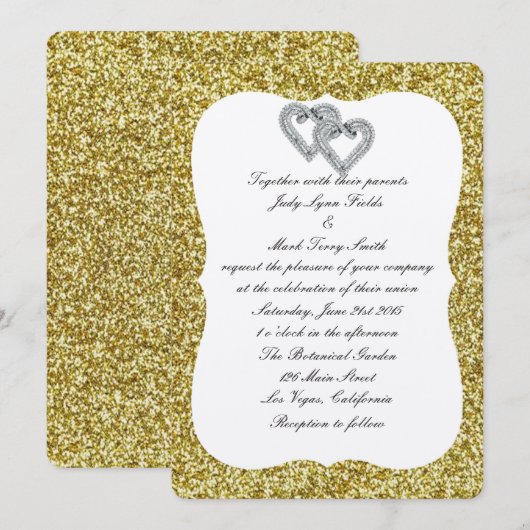 Gouden Glitter Diamond Harten Bruiloft Uitnodiging (Voorkant / Achterkant)